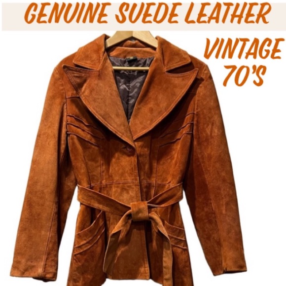 Vintage Suede Leather Jacket Burnt Orange Belted Suede Coat Size Medium 13/14 - Picture 16 of 17